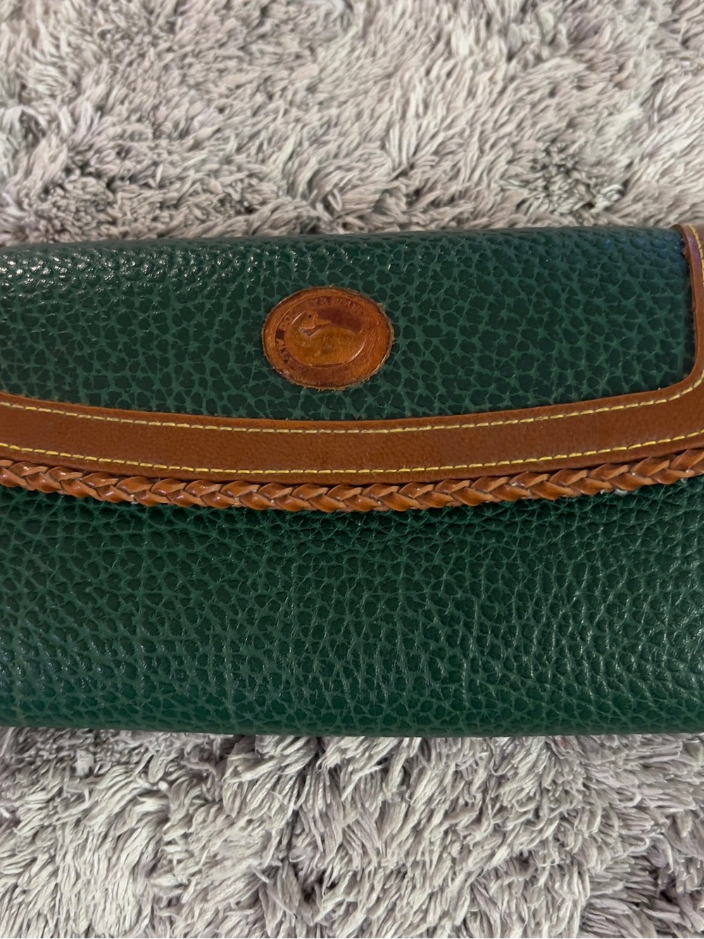 Dooney & Bourke Green Pebbled Leather Wallet with Brown Braided Trim